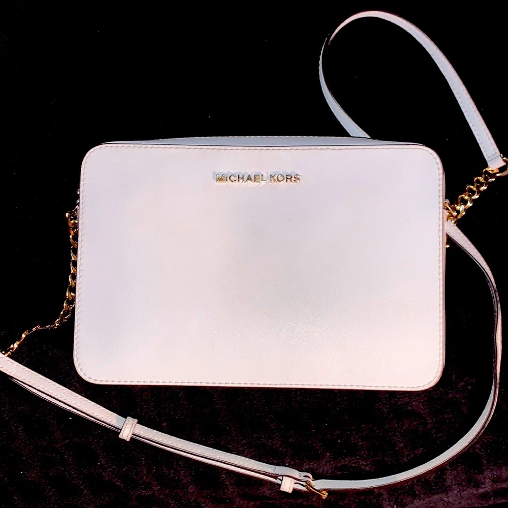 Michael Kors Jet Set Travel EW Crossgrain Leather Crossbody Bag - White